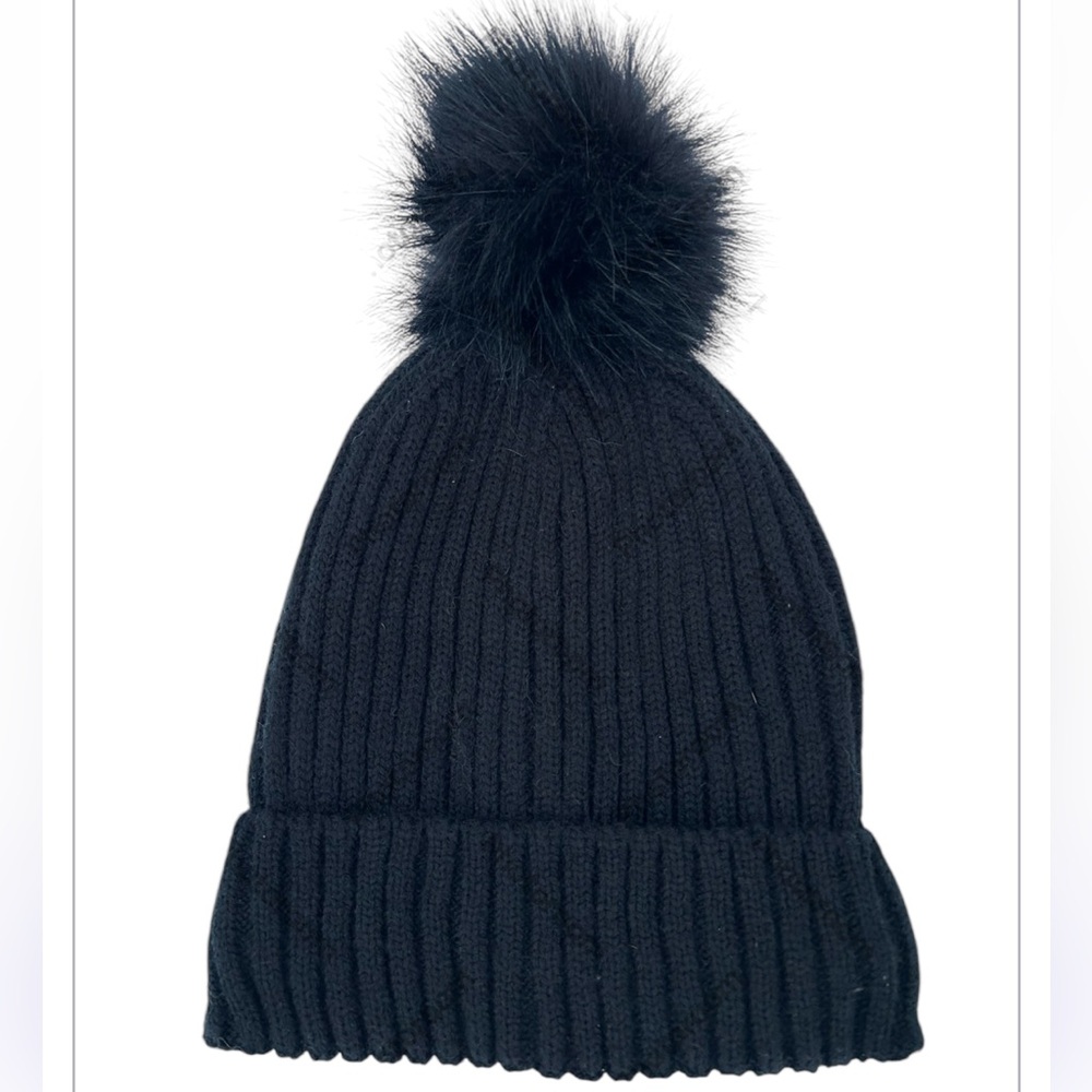 STEVE MADDEN Women’s Beanie Knit Faux Fur Pom Black Hat